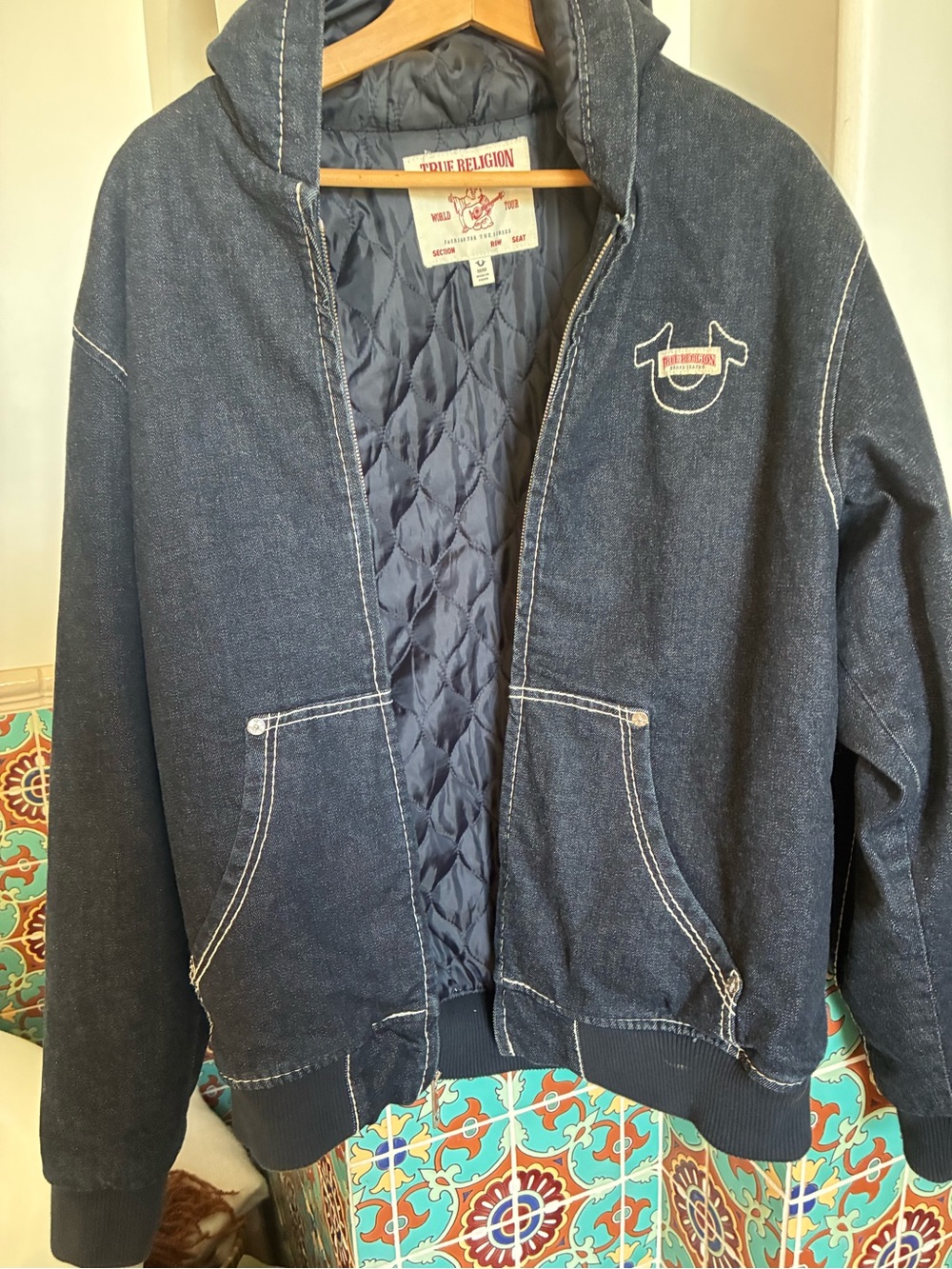 True Religion Men's Dark Blue Denim Bomber Jacket